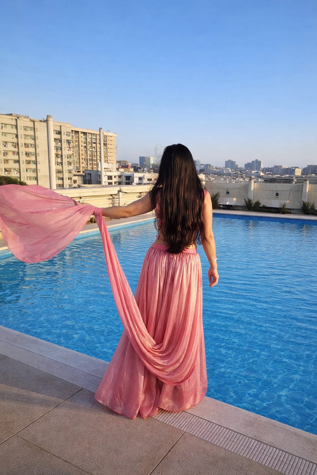 Peach Drape Lehenga Set with Embellished Blouse