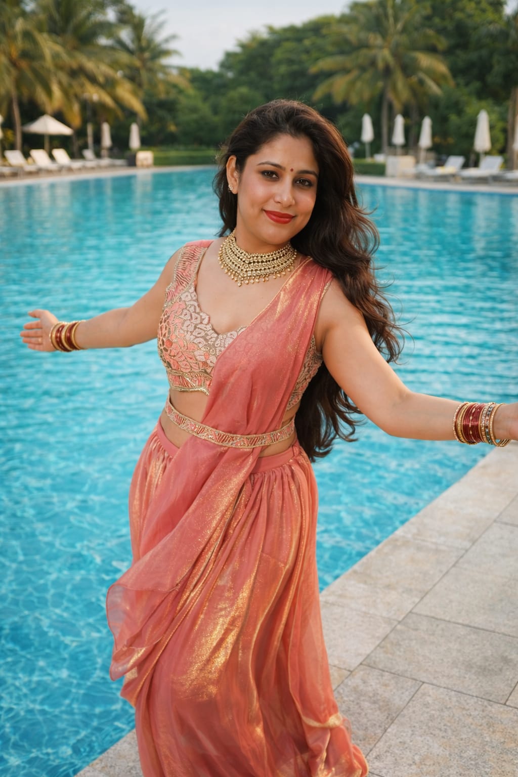 Peach Drape Lehenga Set with Embellished Blouse