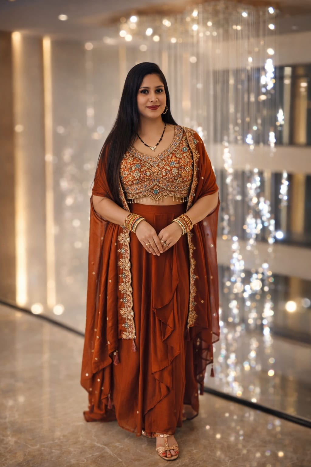 Rust Draped Skirt Set with Embroidered Crop Top & Cape