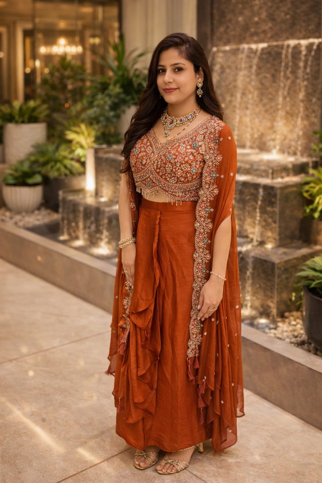 Rust Draped Skirt Set with Embroidered Crop Top & Cape