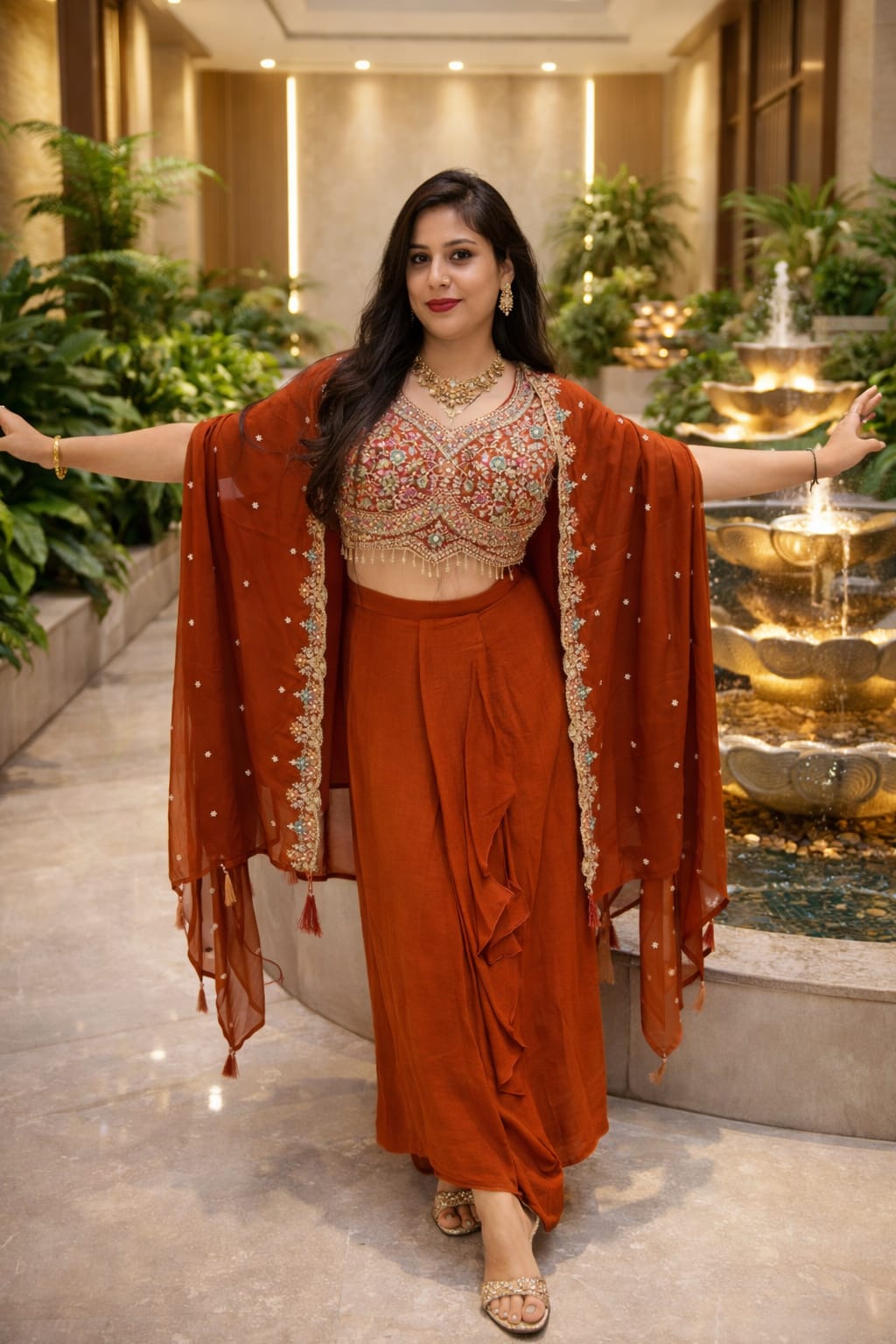 Rust Draped Skirt Set with Embroidered Crop Top & Cape