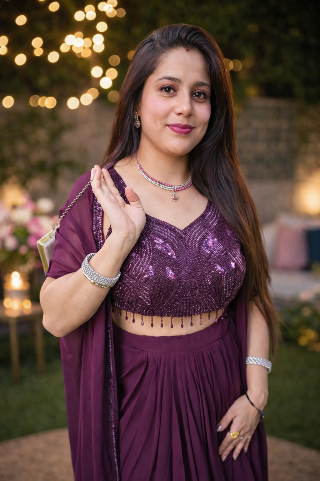 Wine Indo-Western Layered Skirt Set with Embellished Blouse