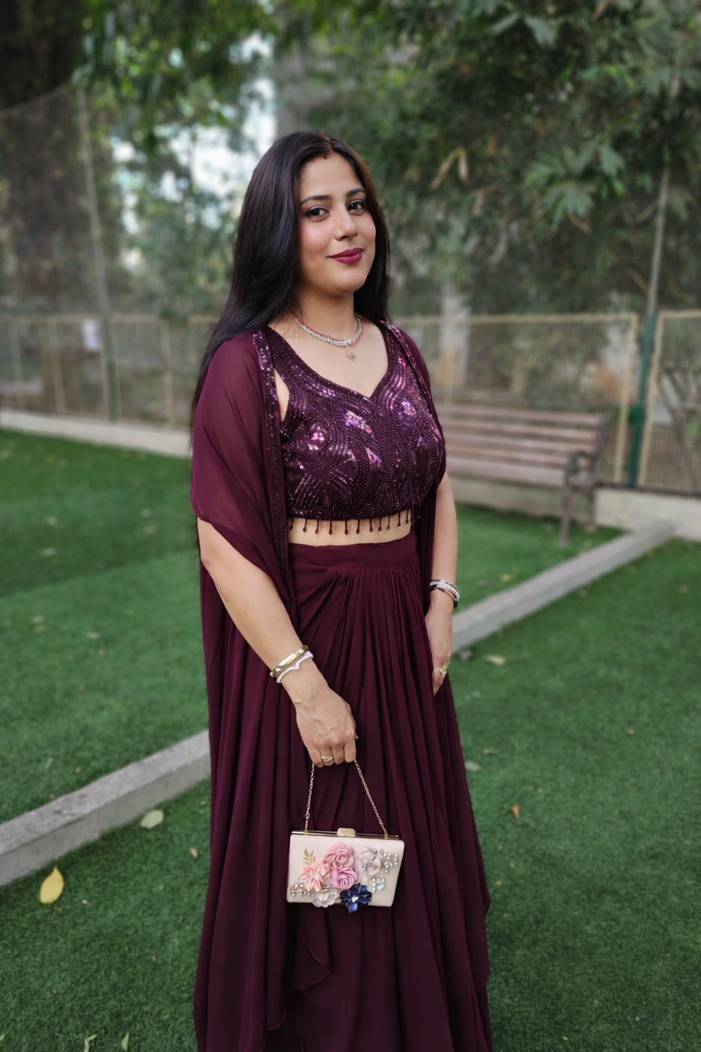 Wine Indo-Western Layered Skirt Set with Embellished Blouse
