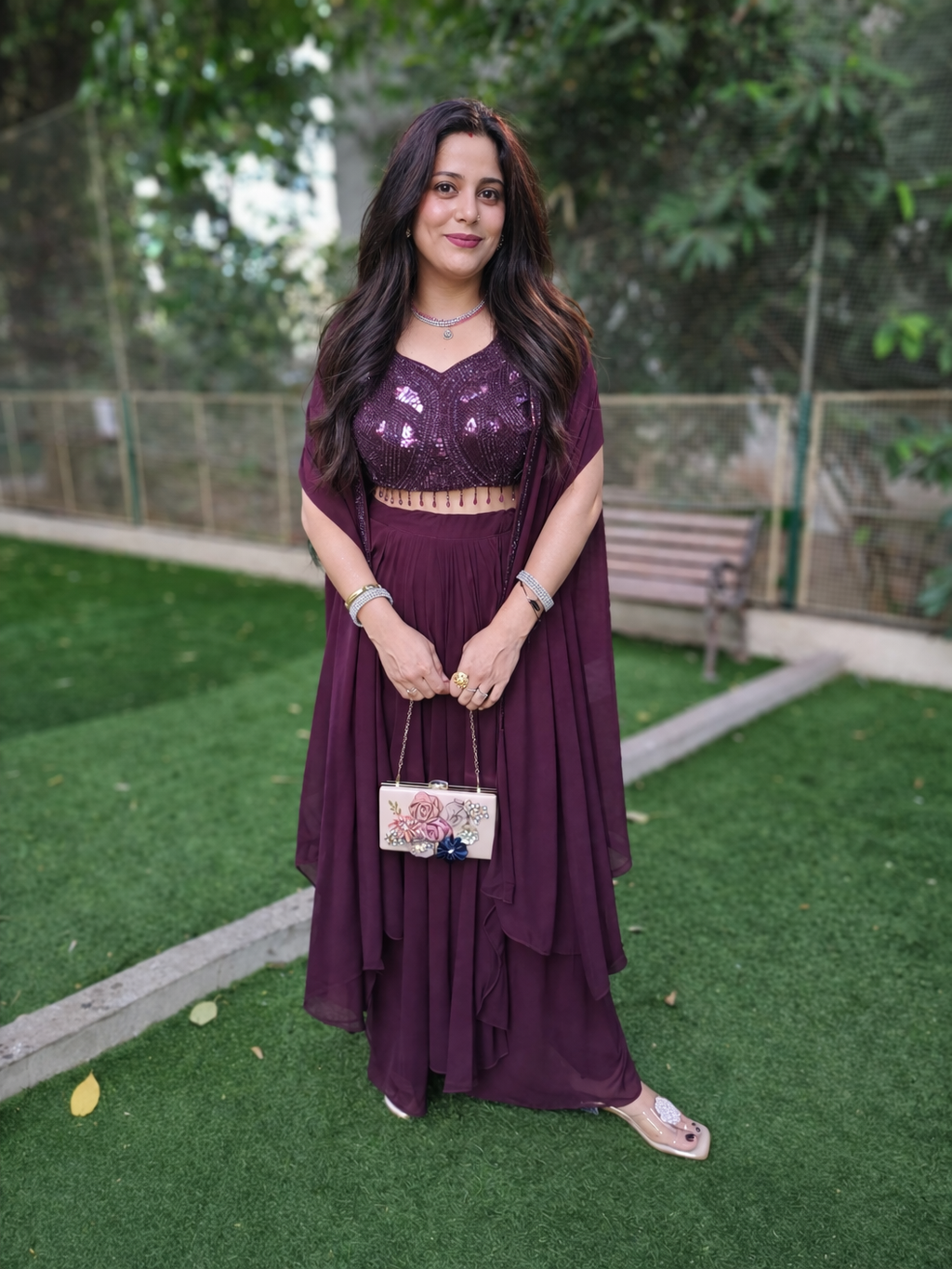 Wine Indo-Western Layered Skirt Set with Embellished Blouse