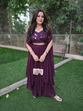 Wine Indo-Western Layered Skirt Set with Embellished Blouse